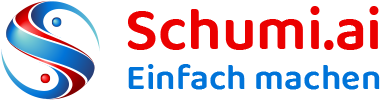 Schumi.ai – Einfach machen. Logo mit spiralförmigem, Yin-und-Yang-inspiriertem Design in Blau und Rot.