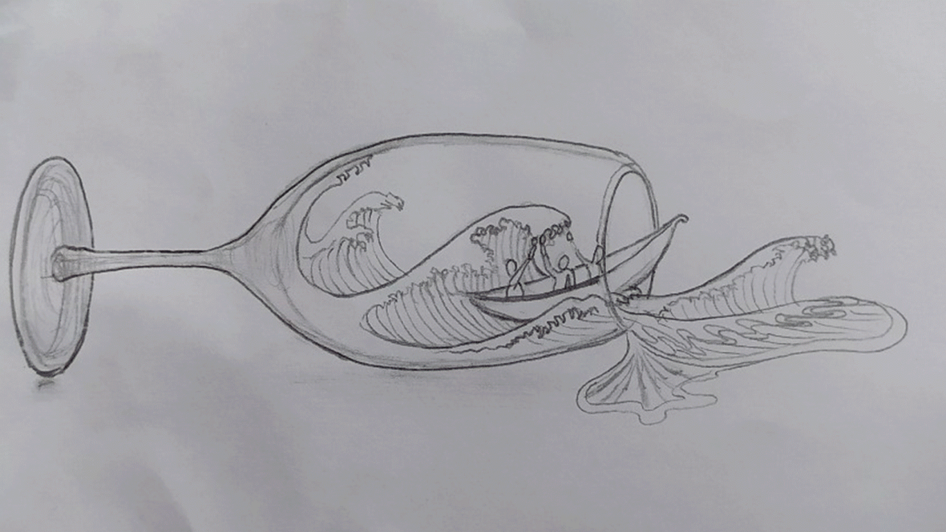 Schumis Wein Welle von Kanagawa - Skizze Ein umgekipptes Weinglas mit Flüssigkeit, die herausfließt.