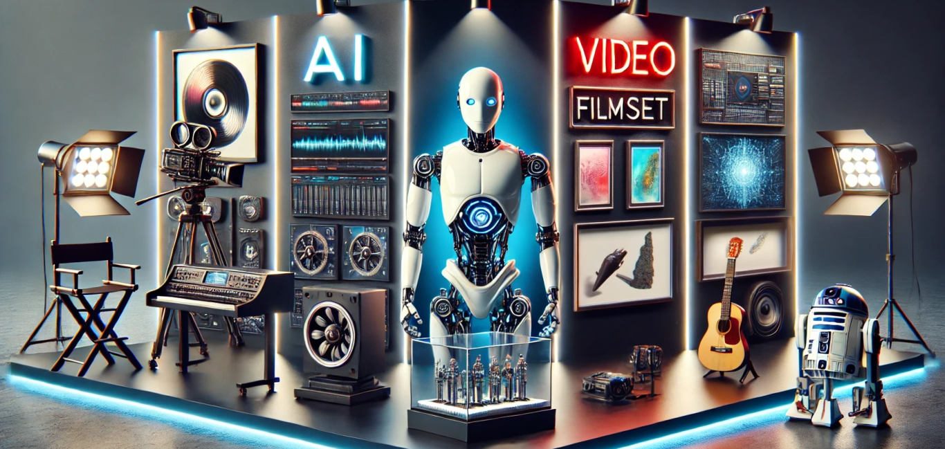 Robot in a studio setting surrounded by screens displaying AI and video content.