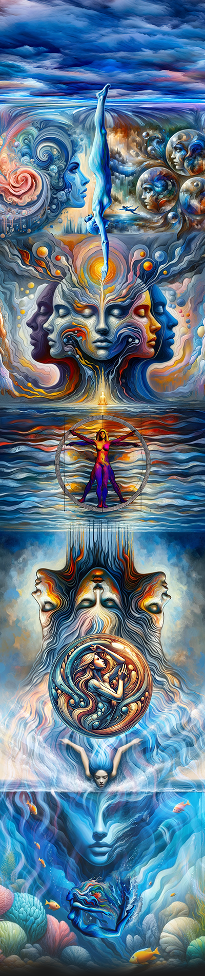 Abstraktes Kunstwerk mit lebendigen Blau- und Violetttönen, spiralförmigen Mustern und Symbolen.