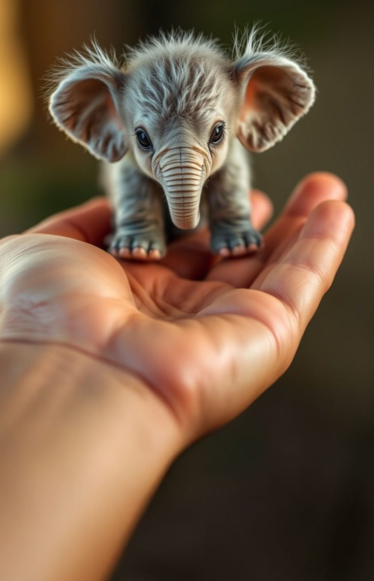 Ein kleines, graues Elefantenbaby sitzt auf einer Hand.