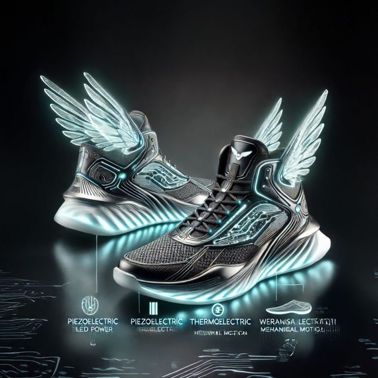 Sportliche Schuhe mit leuchtenden Flügeln und futuristischem Design.