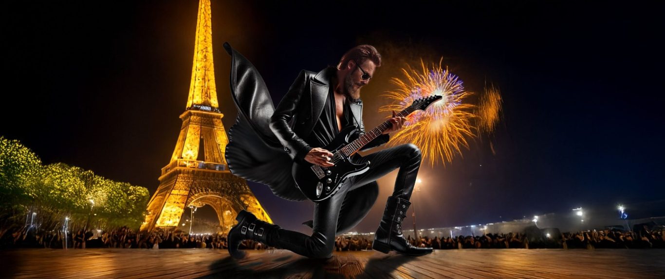 Ki erstellter Schumi als Rockmusiker spielt Gitarre vor dem beleuchteten Eiffelturm bei Feuerwerk.
