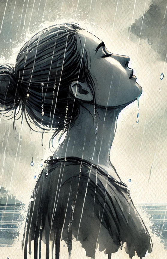 Eine nachdenkliche Frau steht im Regen, Wasser läuft ihr über das Gesicht.