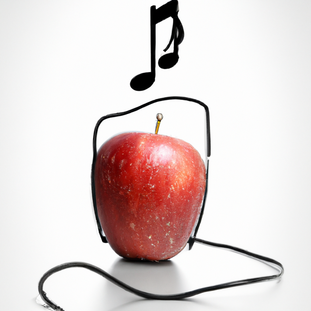 Rote Apfel mit Kopfhörern und einer musikalischen Note darüber.