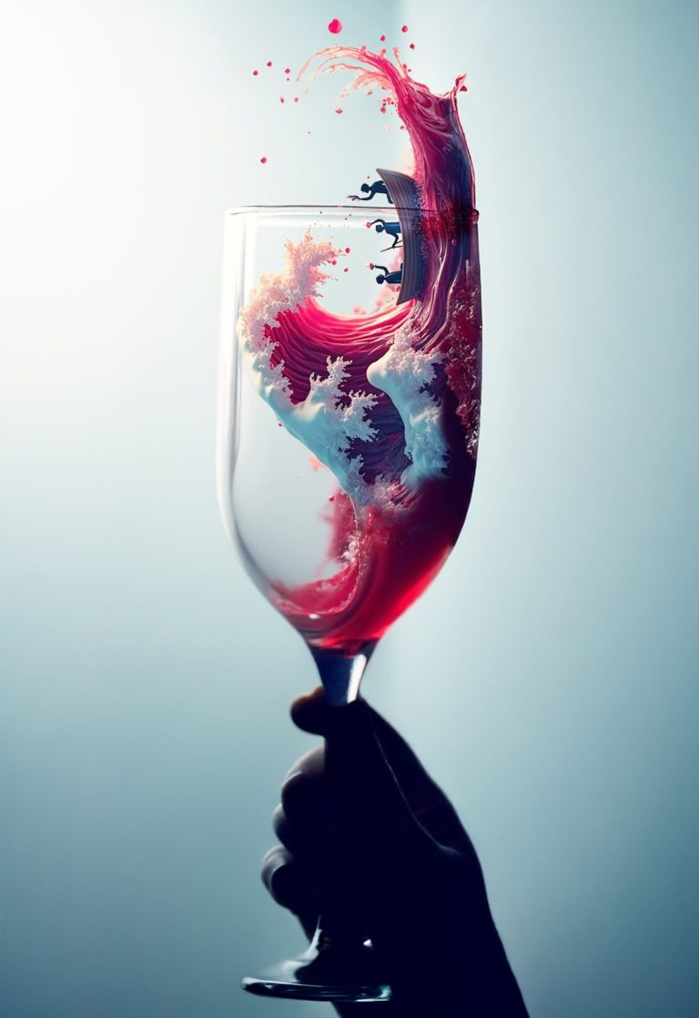 Ein Hand hält ein Gläschen mit roter Flüssigkeit, die sich farbenfroh verteilt.