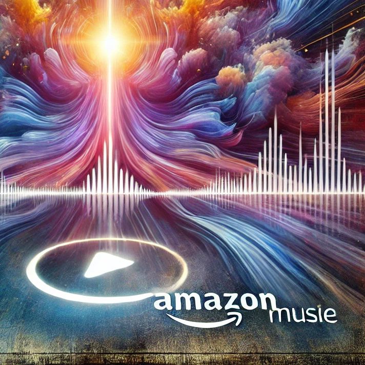 Bunte Abstraktion mit Soundwellen und dem Logo von Amazon Music in der Ecke.