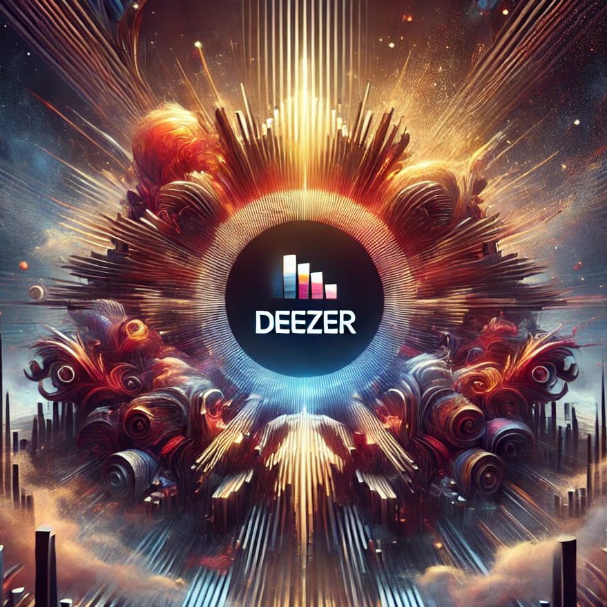 Abstrakte Grafik mit leuchtenden Farben und dem Deezer-Logo in der Mitte.