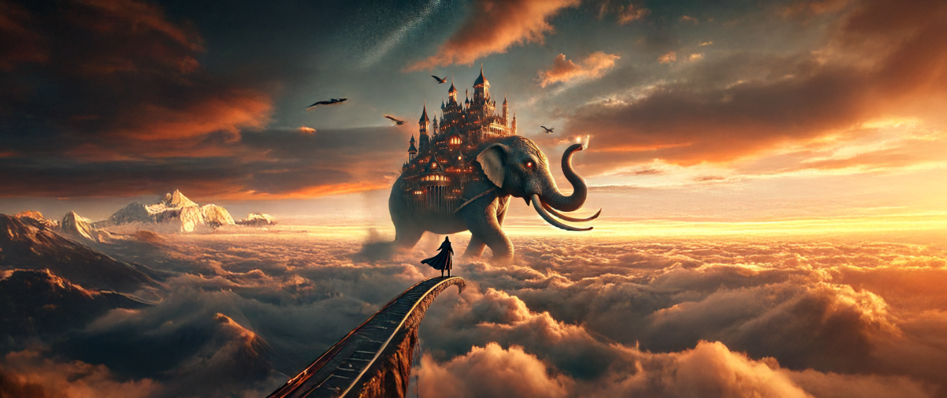 Ein majestätischer Elefant mit einer Stadt auf dem Rücken schwebt über Wolken bei Sonnenuntergang.