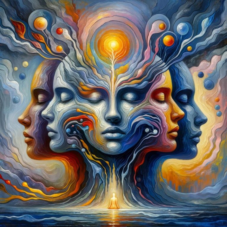 Abstrakte Darstellung von Gesichtern mit leuchtenden Farben und spiralförmigen Elementen.