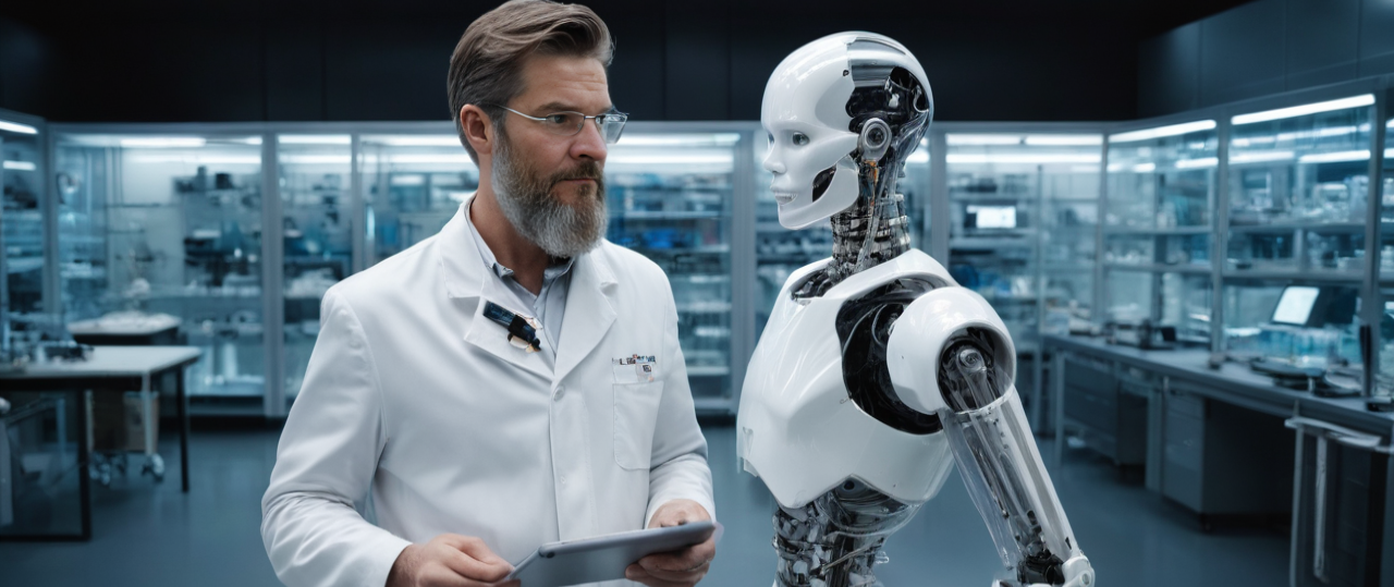 Mit KI erstellter Schumi als Wissenschaftler spricht mit einem humanoiden Roboter in einem modernen Labor.