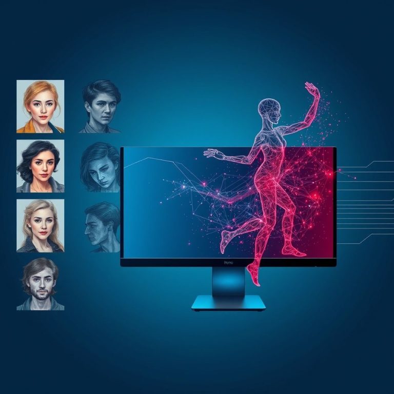Ein Monitor zeigt eine digitale Figur, die in Bewegung ist, umgeben von Porträts.