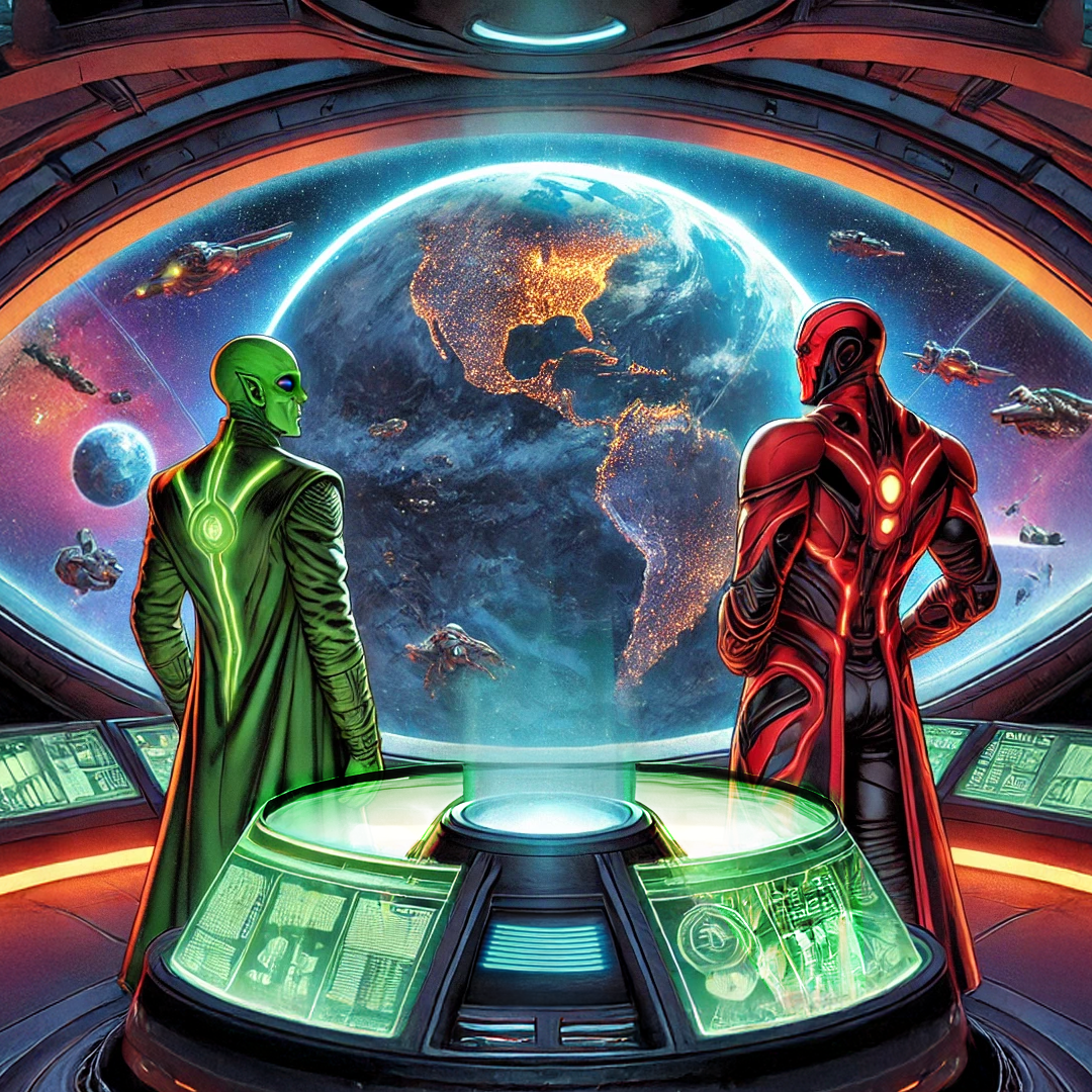 Zwei futuristische Figuren betrachten eine holografische Erde umgeben von Raumschiffen.